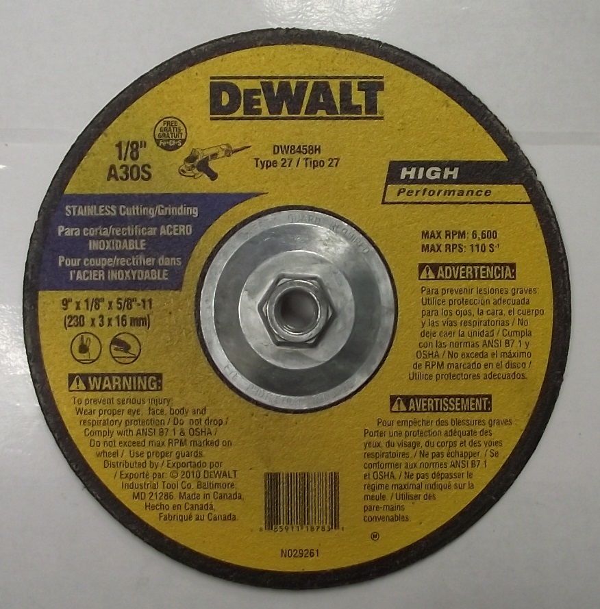 DEWALT 9" X 1/8" X 5/8-11 STAINLESS CUTTING & GRINDING WHEEL 1PC. CANADA DW8458H
