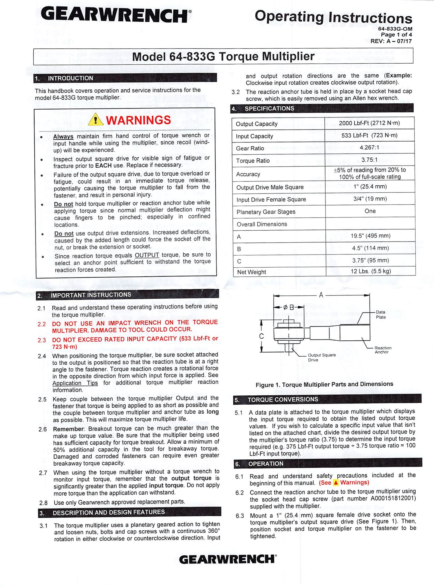 GearWrench 2000 Foot-Pound Torque Multiplier USA 64-833G