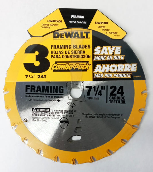 DeWalt 7-1/4" x 24 Tooth Carbide-Tipped Framing Circular Saw Blade 3pk DW3578b3
