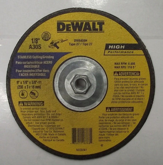 DEWALT 9" X 1/8" X 5/8-11 STAINLESS CUTTING & GRINDING WHEEL 1PC. CANADA DW8458H