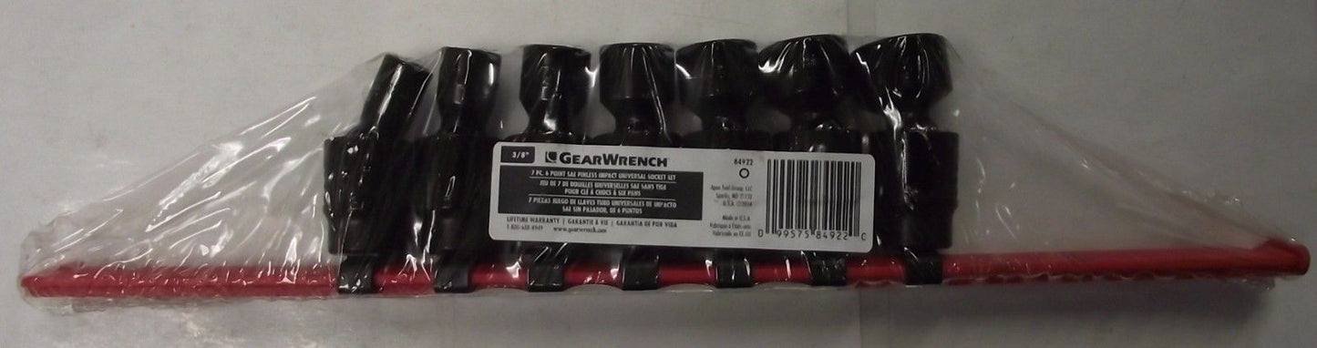 Gearwrench 7 Pc. 3/8" Drive SAE Pinless Impact Universal Socket Set USA 84922