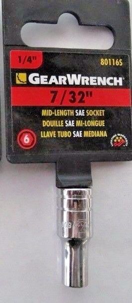 GearWrench 80116S 1/4" Drive 6 Point Mid Length SAE Socket 7/32"