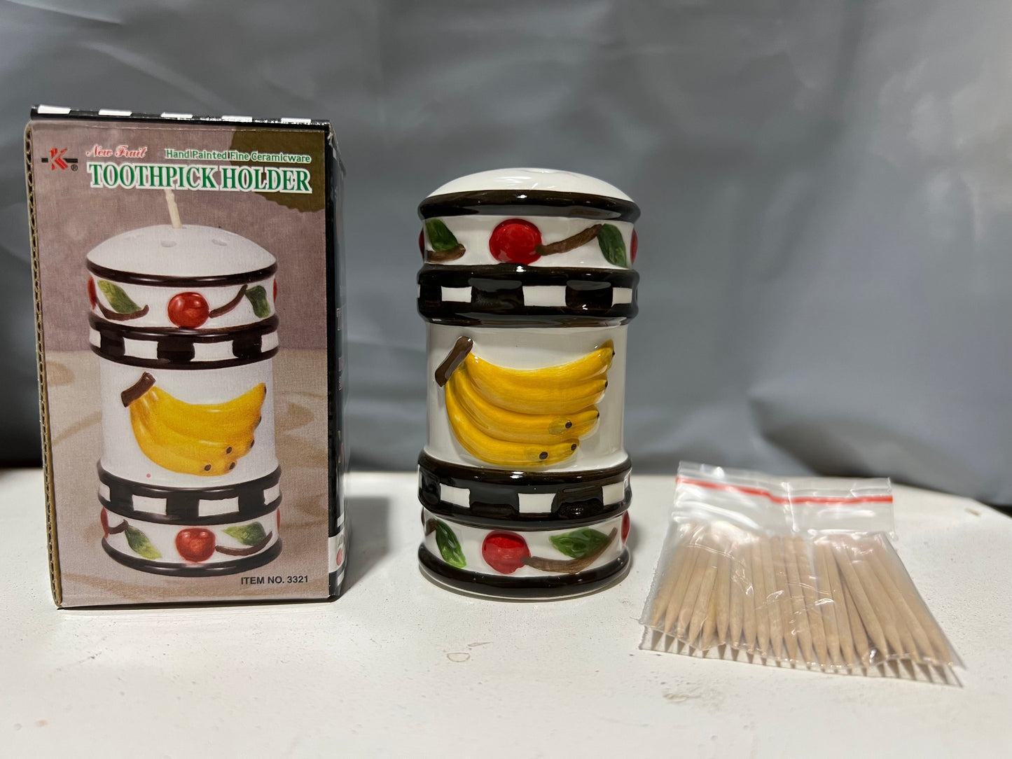 Fruit 3321 Hand Painted Fine Ceramicware Toothpick Holder w/20 Picks