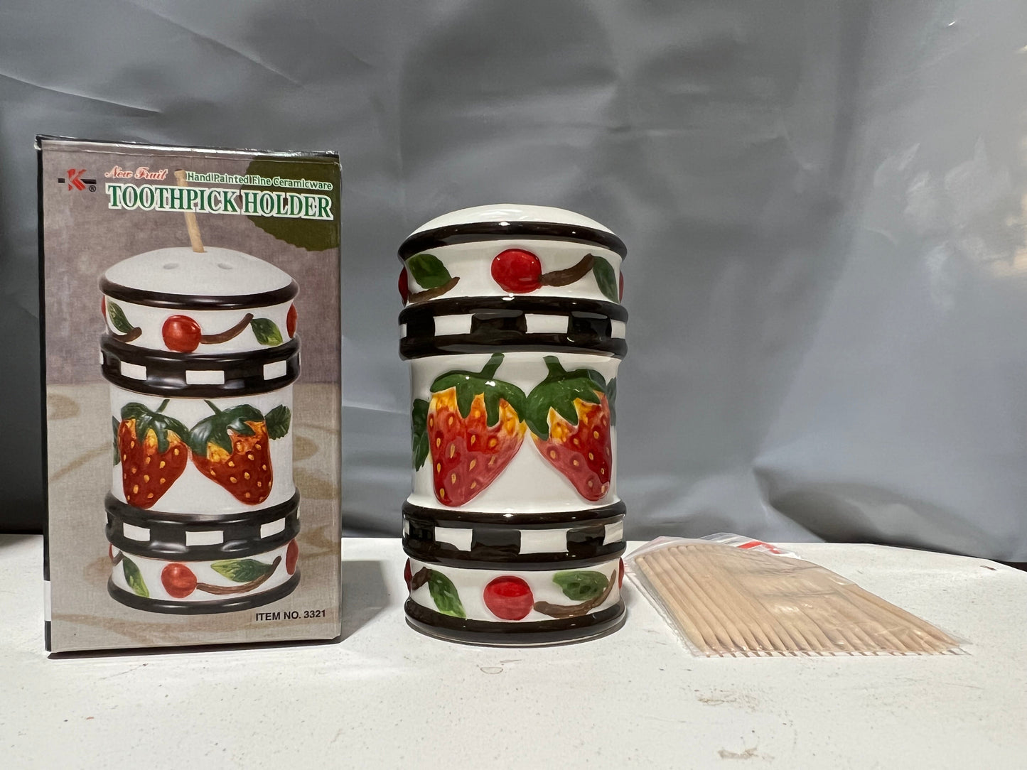 Fruit 3321 Hand Painted Fine Ceramicware Toothpick Holder w/20 Picks