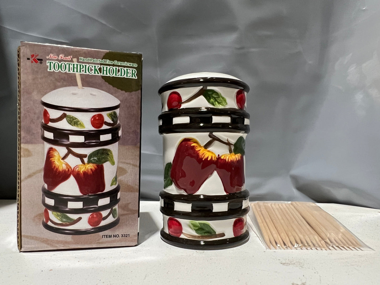 Fruit 3321 Hand Painted Fine Ceramicware Toothpick Holder w/20 Picks