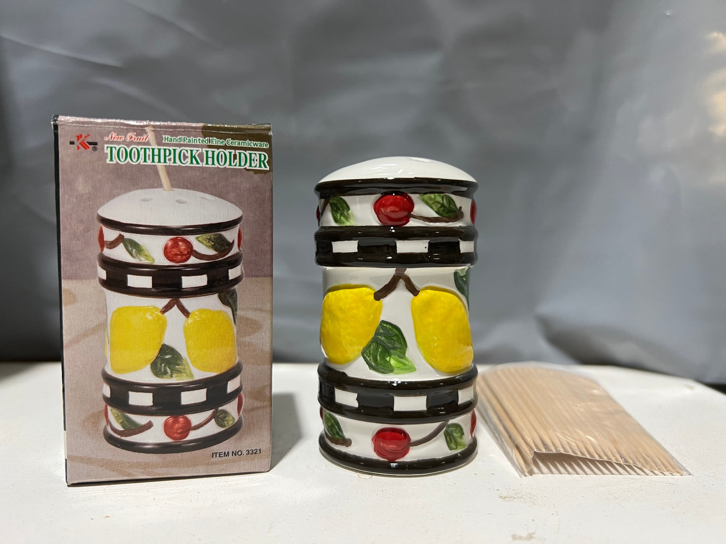 Fruit 3321 Hand Painted Fine Ceramicware Toothpick Holder w/20 Picks