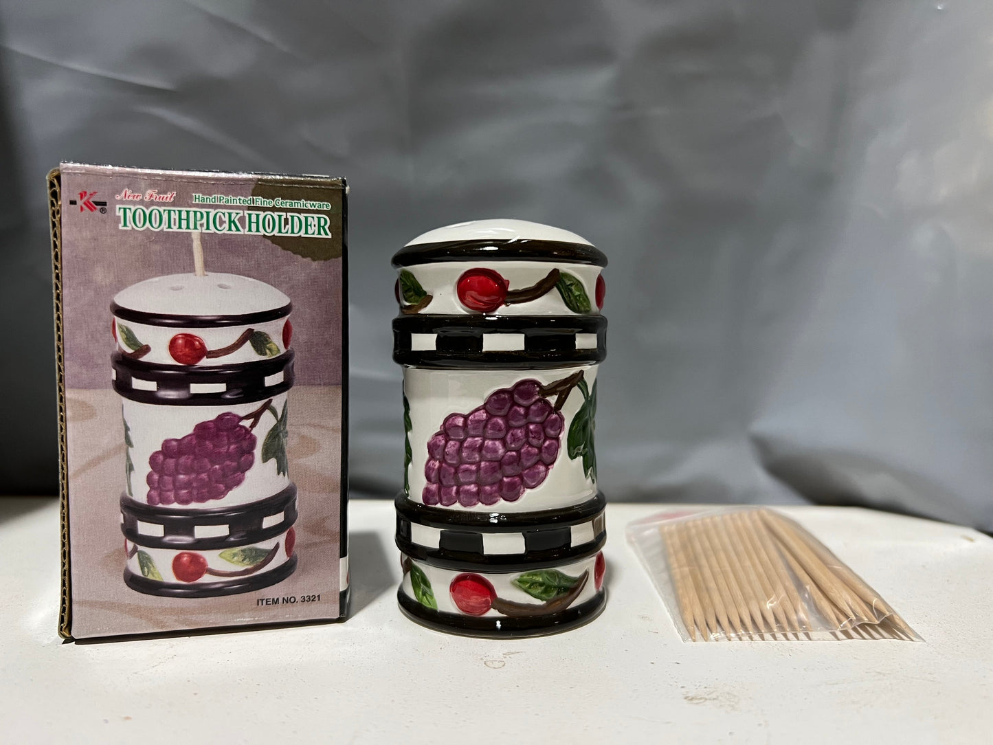 Fruit 3321 Hand Painted Fine Ceramicware Toothpick Holder w/20 Picks