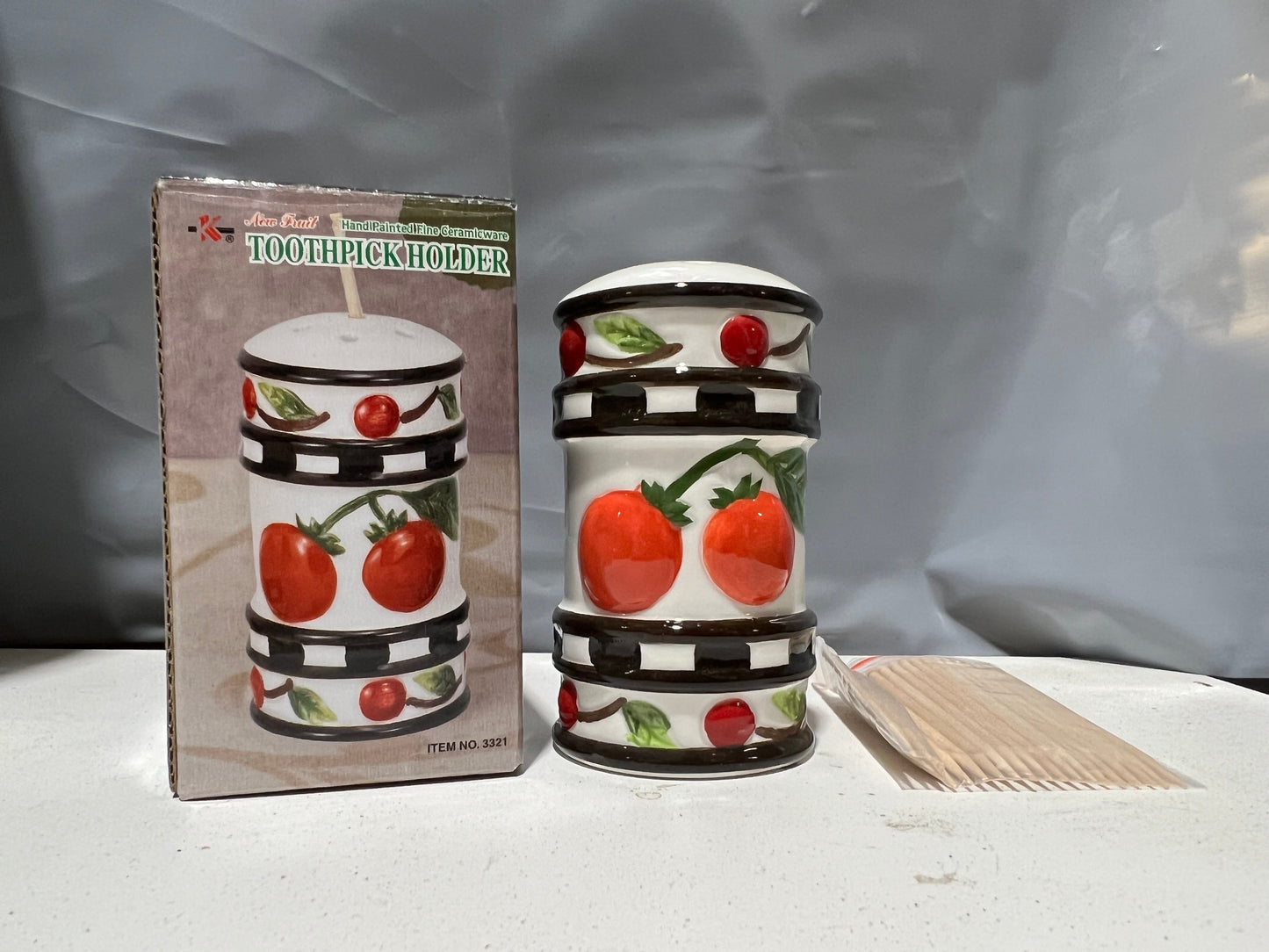 Fruit 3321 Hand Painted Fine Ceramicware Toothpick Holder w/20 Picks