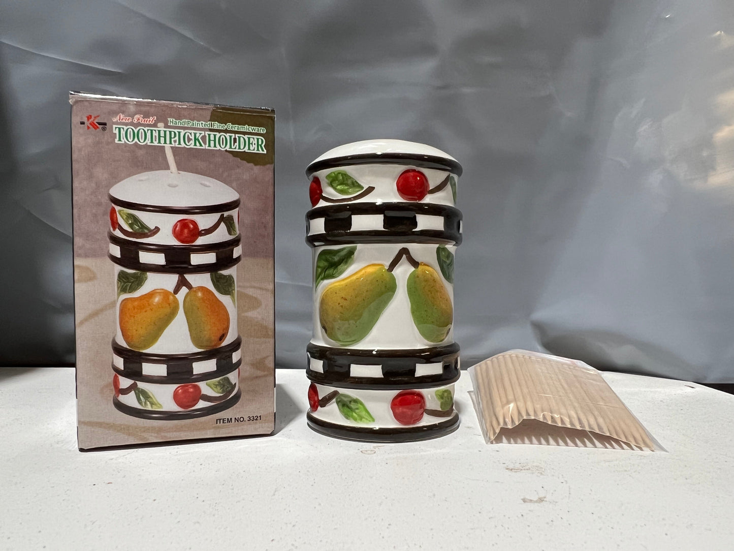 Fruit 3321 Hand Painted Fine Ceramicware Toothpick Holder w/20 Picks