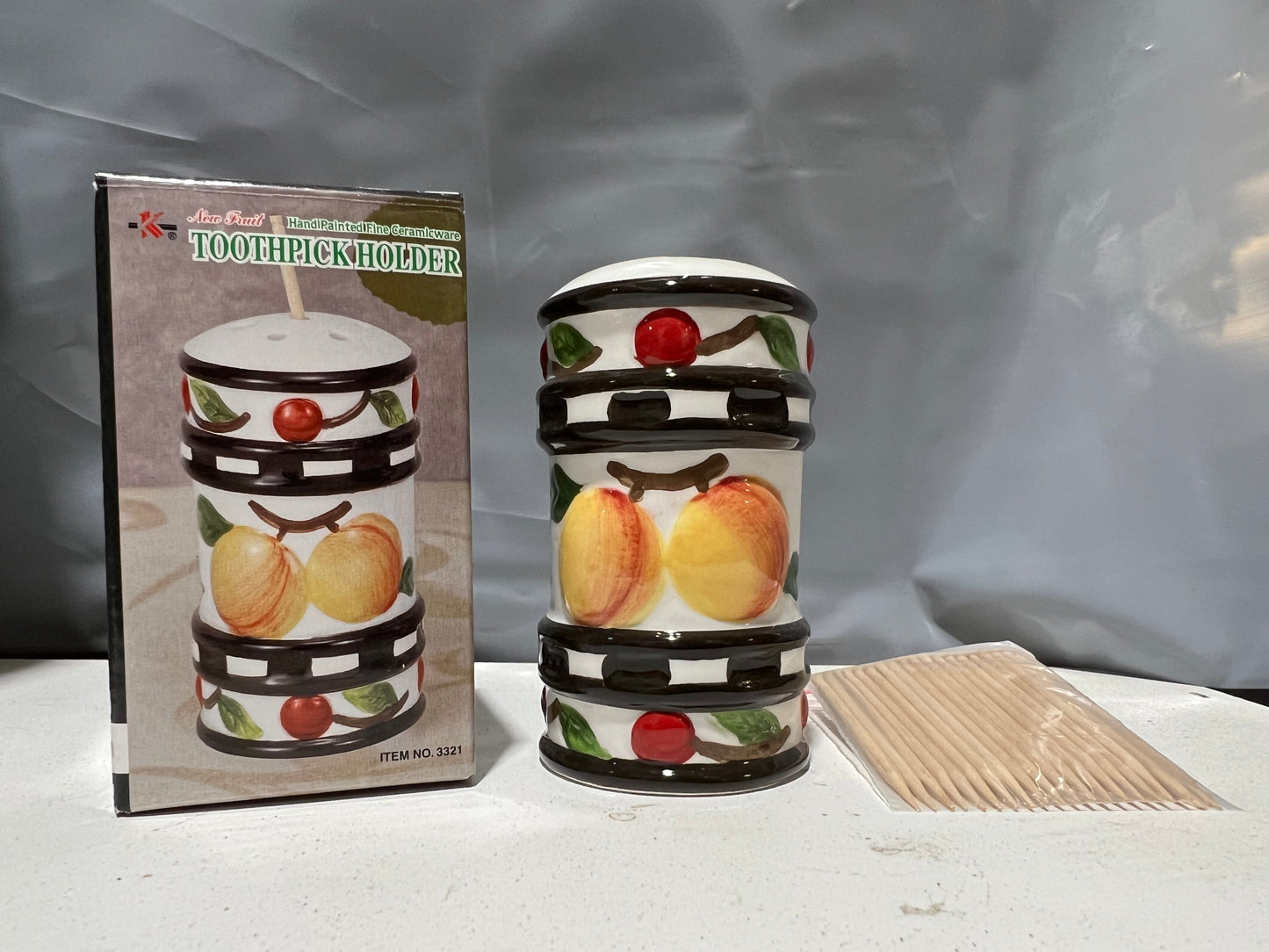 Fruit 3321 Hand Painted Fine Ceramicware Toothpick Holder w/20 Picks