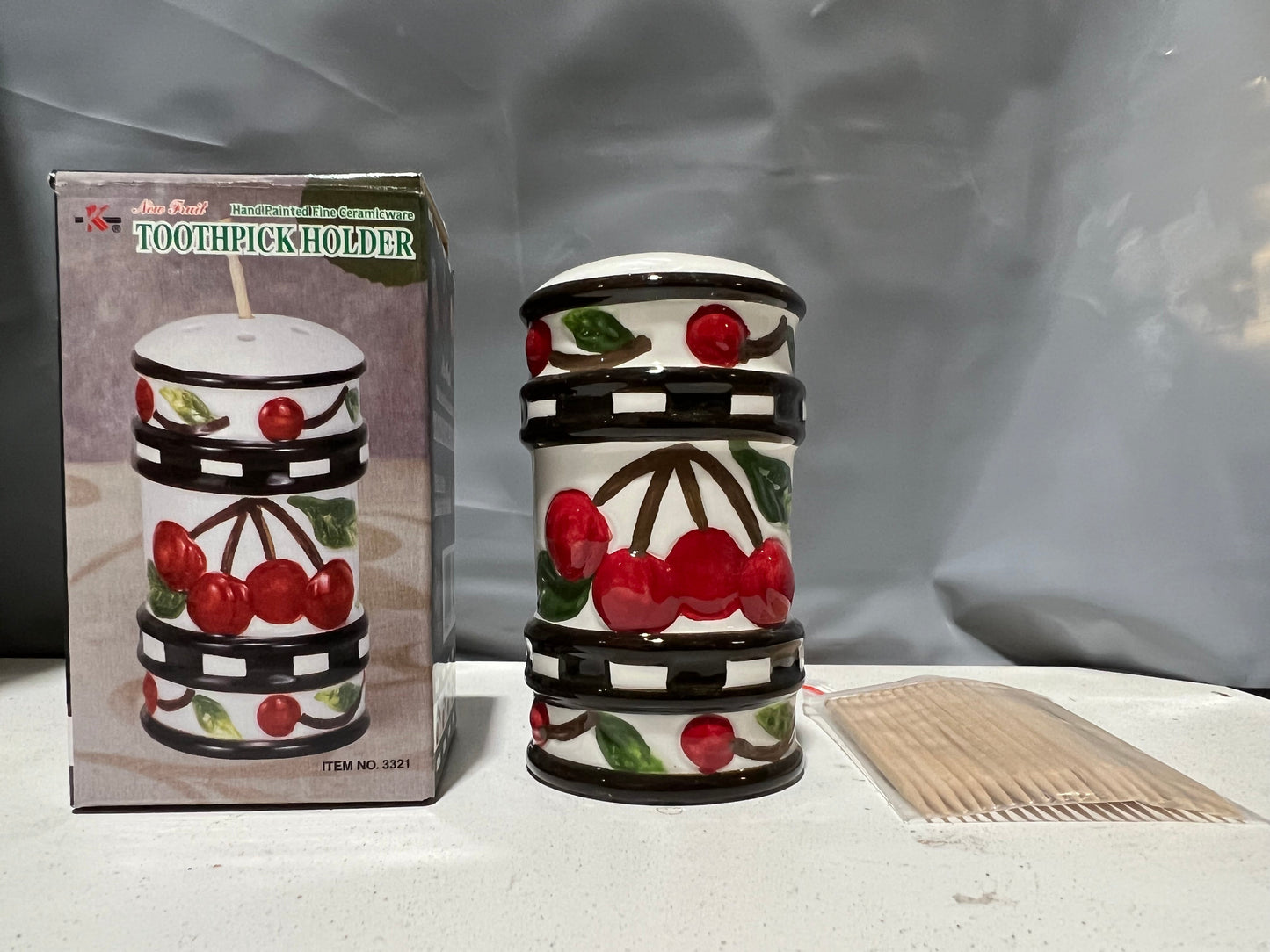 Fruit 3321 Hand Painted Fine Ceramicware Toothpick Holder w/20 Picks
