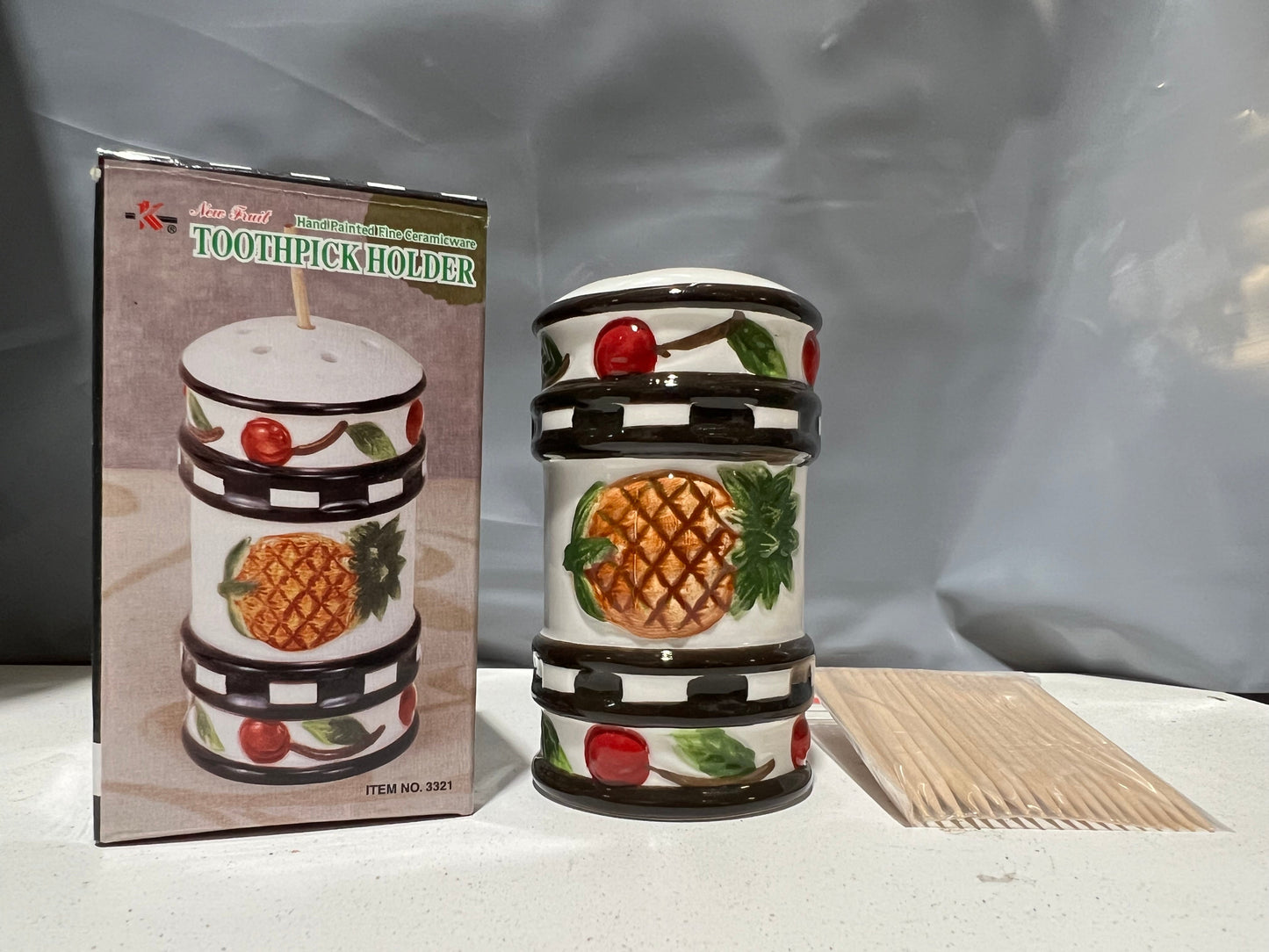 Fruit 3321 Hand Painted Fine Ceramicware Toothpick Holder w/20 Picks