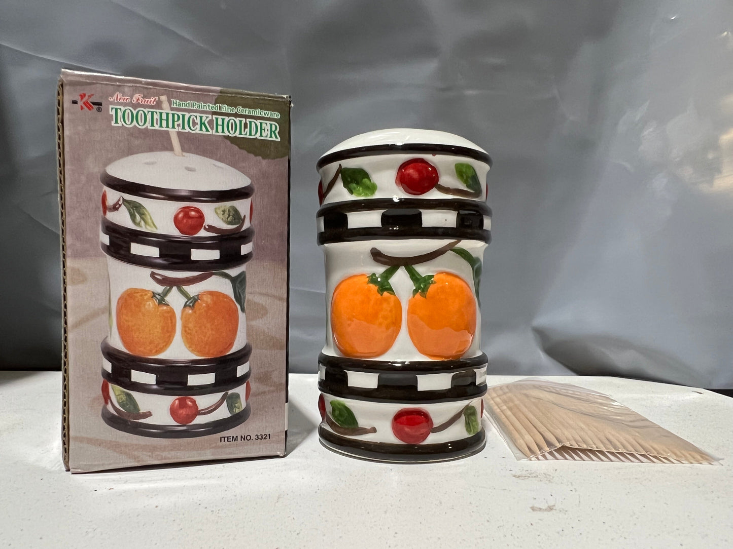 Fruit 3321 Hand Painted Fine Ceramicware Toothpick Holder w/20 Picks