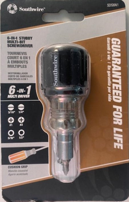 Southwire SDS6N1 Stubby 6-in-1 Cushion Grip Handle Multi-Bit Screwdriver